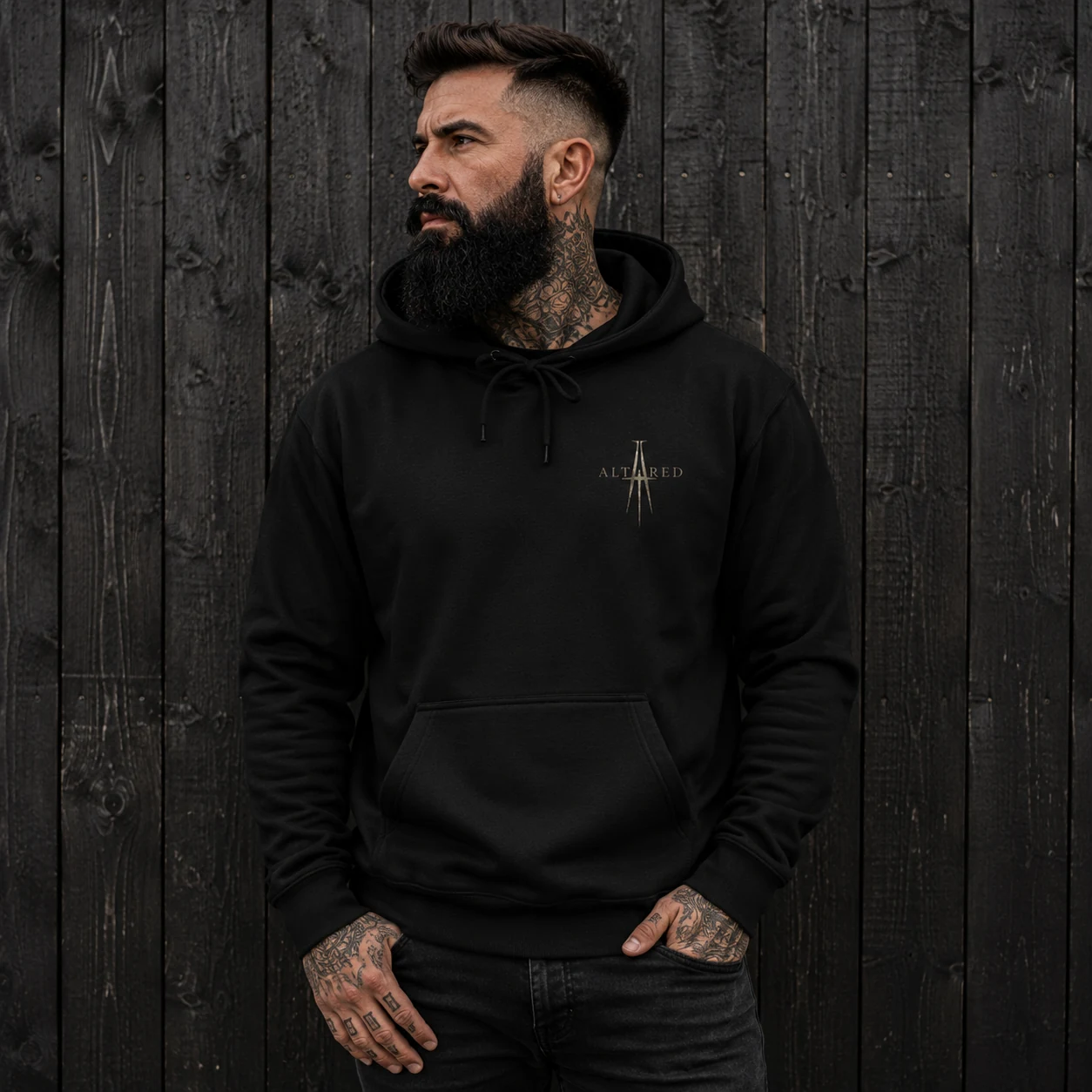 Black Altared Heavy blend hoodie front.