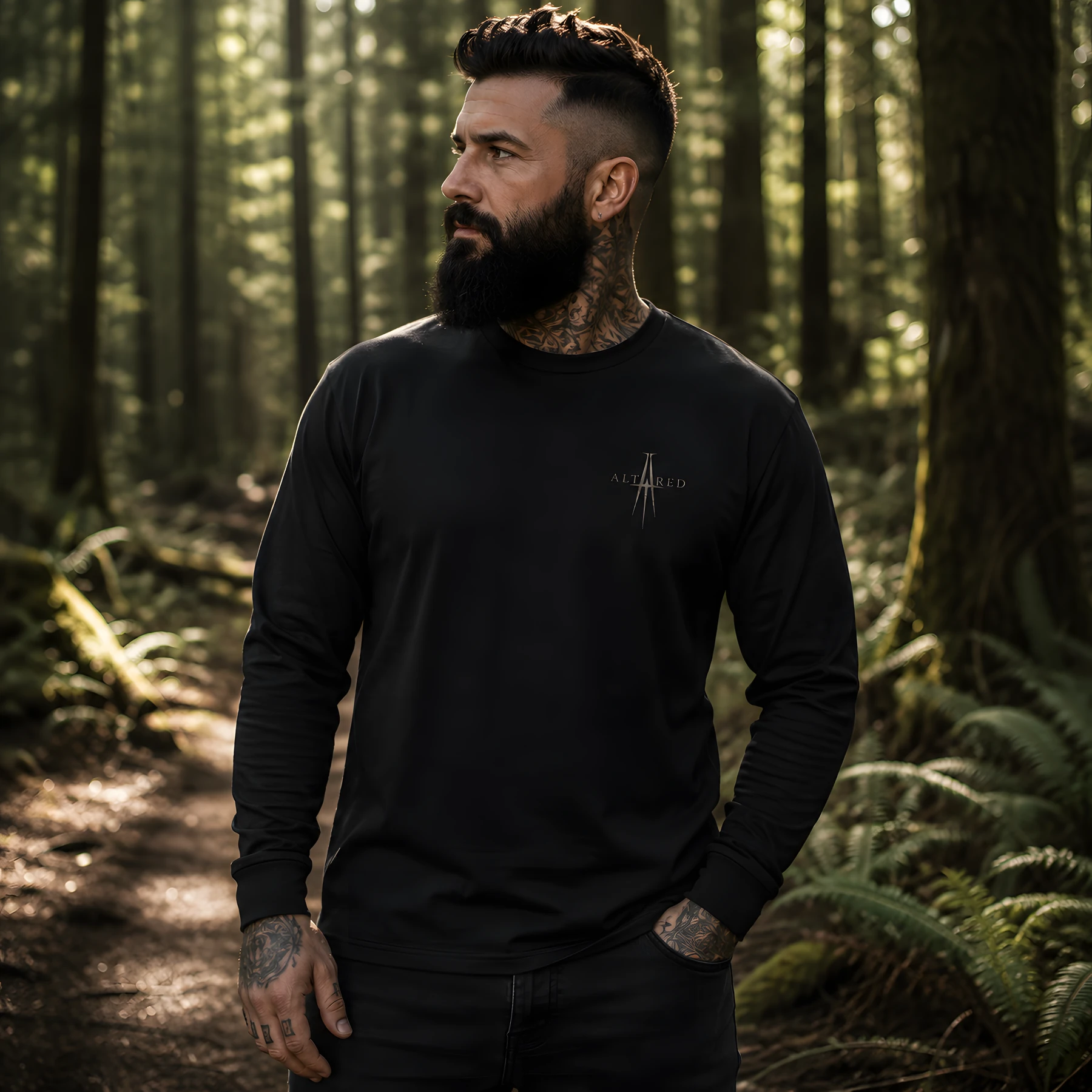 Tattooed model wearing a black Altared ultra cotton long-sleeve tee.